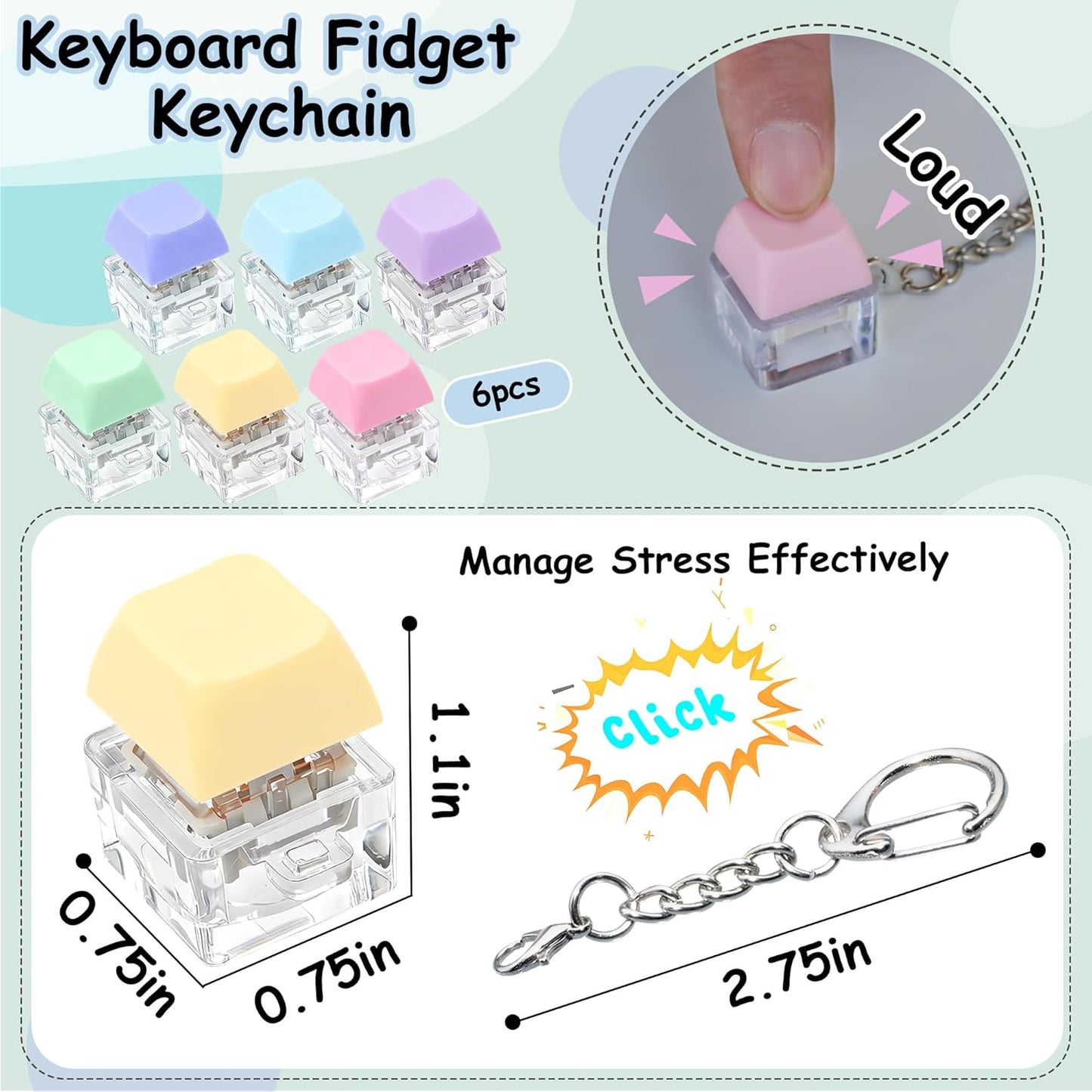 Pastel Keyboard Keycap Fidget Keychain – Clicky Stress Relief Toy & Desk Accessory