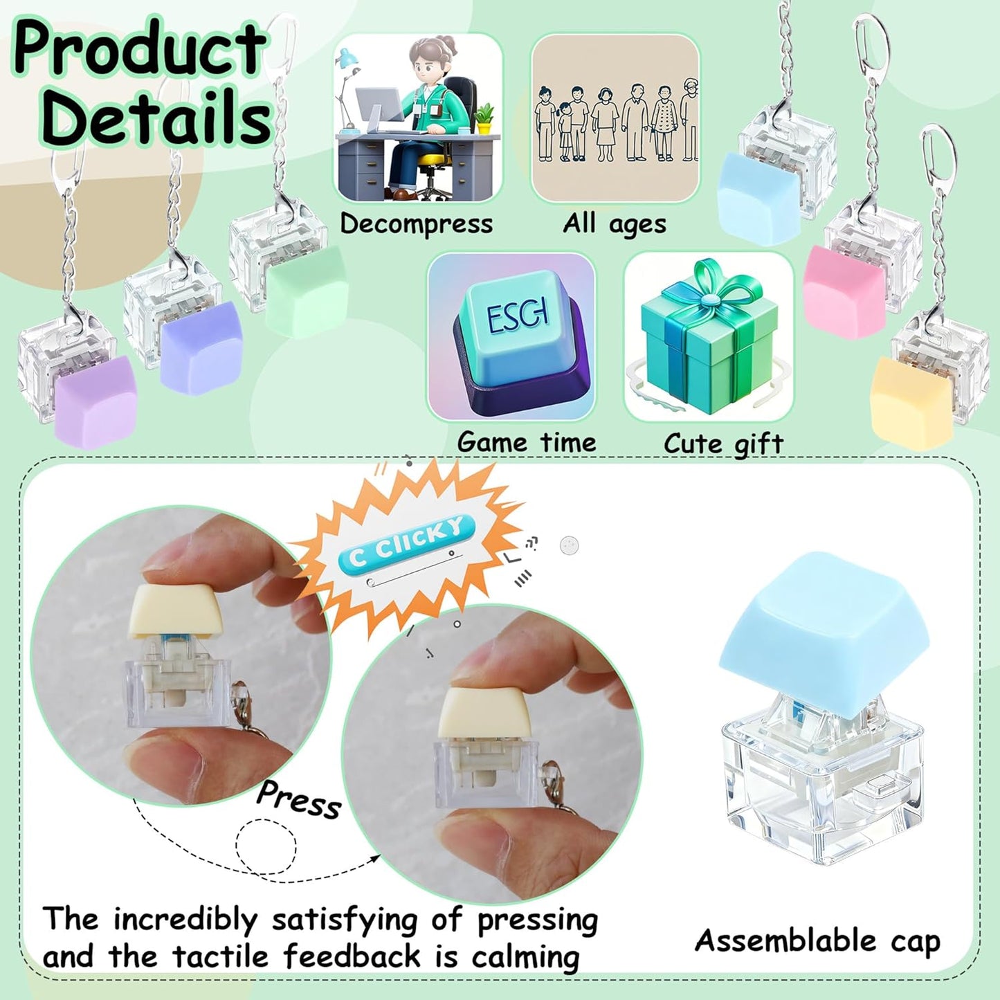 Pastel Keyboard Keycap Fidget Keychain – Clicky Stress Relief Toy & Desk Accessory